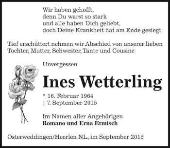 Traueranzeige von Ines Wetterling  von Magdeburger Volksstimme