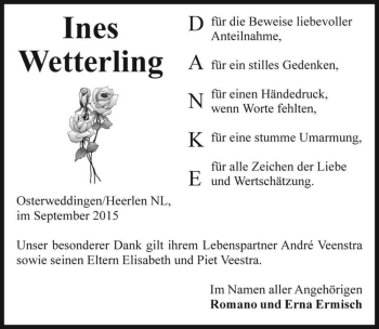 Traueranzeige von Ines Wetterling  von Magdeburger Volksstimme