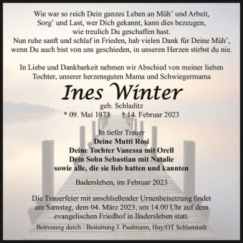 Traueranzeige von Ines Winter (geb. Schladitz)  von Magdeburger Volksstimme