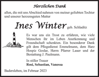 Traueranzeige von Ines Winter the (geb. Schladitz)  von Magdeburger Volksstimme