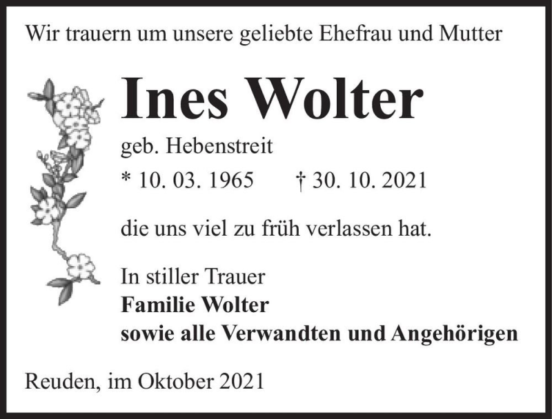  Traueranzeige für Ines Wolter (geb. hebenstreit)  vom 13.11.2021 aus Magdeburger Volksstimme