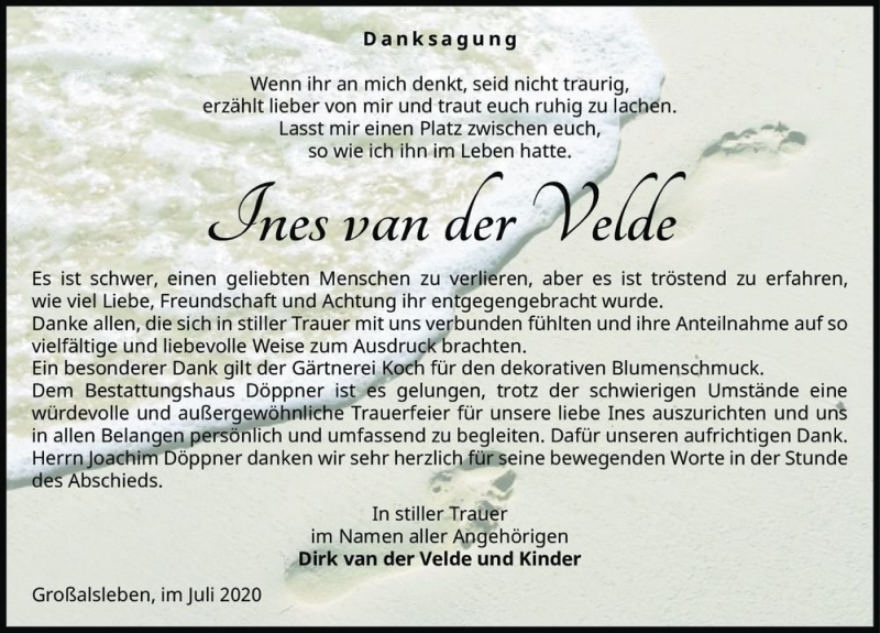  Traueranzeige für Ines van der Velde vom 11.07.2020 aus Magdeburger Volksstimme