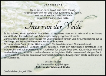 Traueranzeige von Ines van der Velde von Magdeburger Volksstimme
