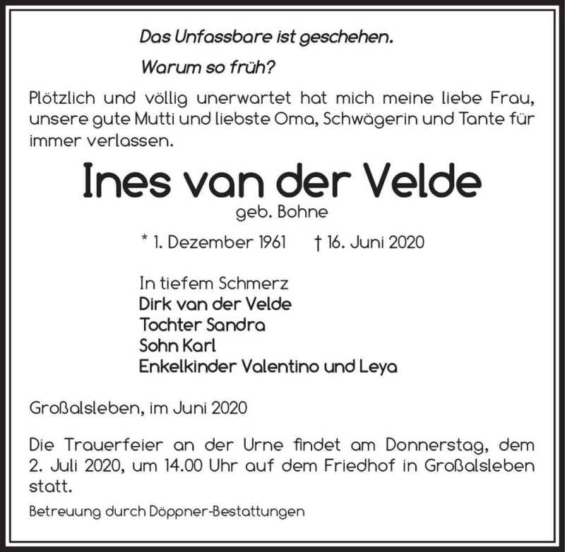  Traueranzeige für Ines van der Velde vom 20.06.2020 aus Magdeburger Volksstimme