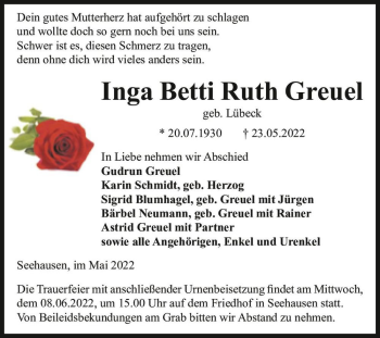 Traueranzeige von Inga Betti Ruth Greuel (geb. Lübeck)  von Magdeburger Volksstimme