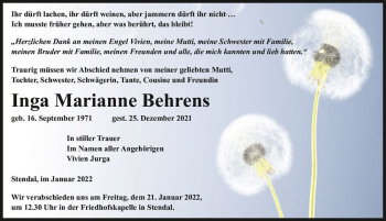 Traueranzeige von Inga Marianne Behrens  von Magdeburger Volksstimme