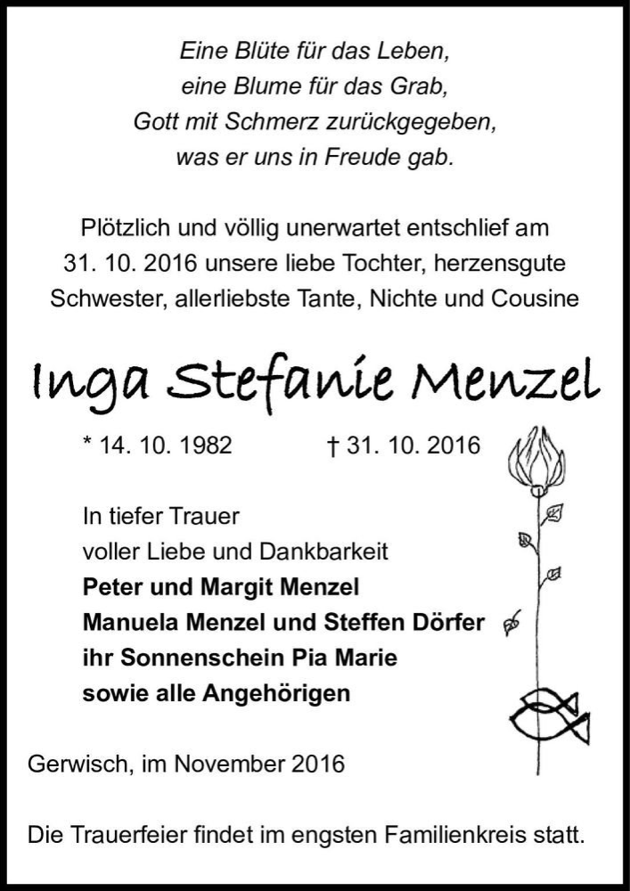  Traueranzeige für Inga Stefanie Menzel  vom 12.11.2016 aus Magdeburger Volksstimme