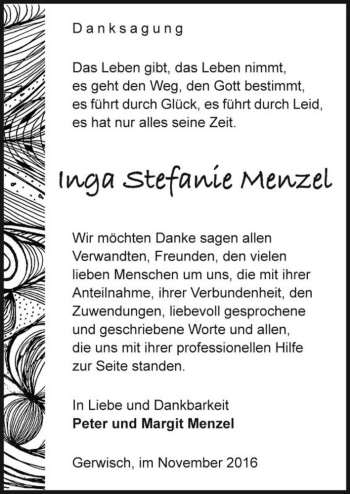 Traueranzeige von Inga Stefanie Menzel  von Magdeburger Volksstimme