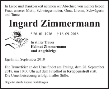 Traueranzeige von Ingard Zimmermann  von Magdeburger Volksstimme