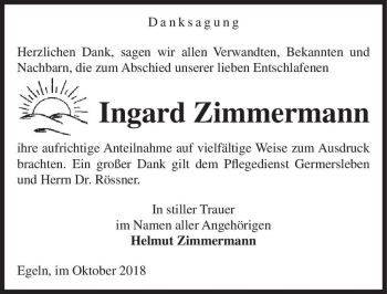 Traueranzeige von Ingard Zimmermann  von Magdeburger Volksstimme