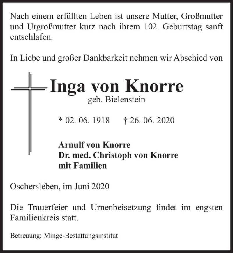  Traueranzeige für Inga von Knorre (geb. Bielenstein)  vom 04.07.2020 aus Magdeburger Volksstimme