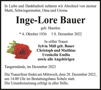 Traueranzeige von Inge-Lore Bauer (geb. Haseleu)  von Magdeburger Volksstimme