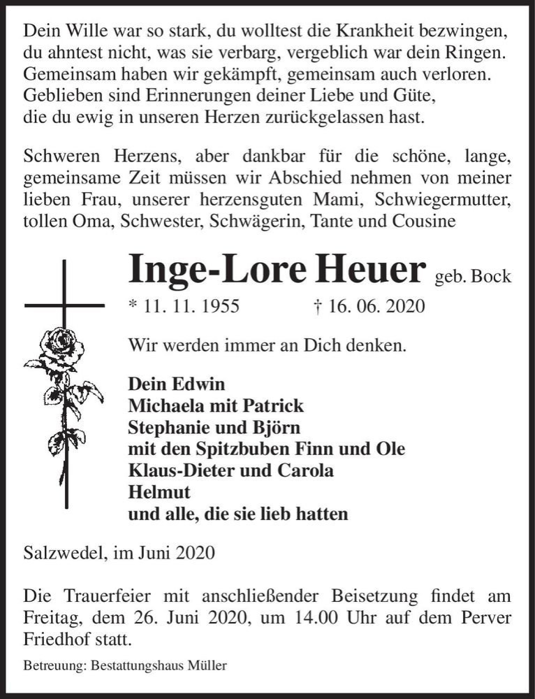  Traueranzeige für Inge-Lore Heuer (geb. Bock)  vom 18.06.2020 aus Magdeburger Volksstimme