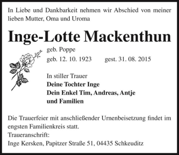 Traueranzeige von Inge-Lotte Mackenthun  von Magdeburger Volksstimme