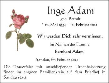 Traueranzeige von Inge Adam (geb. Berndt)  von Magdeburger Volksstimme