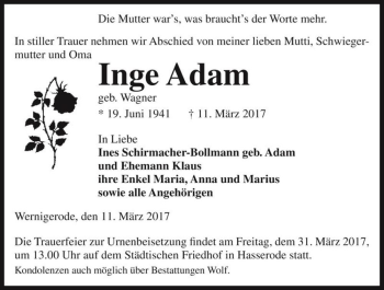 Traueranzeige von Inge Adam (geb. Wagner)  von Magdeburger Volksstimme