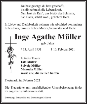 Traueranzeige von Inge Agathe Müller (geb. Jahns)  von Magdeburger Volksstimme