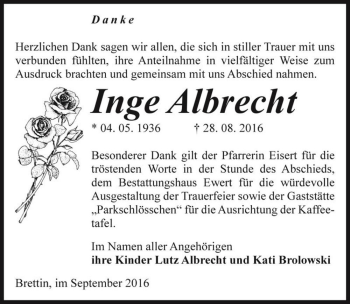 Traueranzeige von Inge Albrecht  von Magdeburger Volksstimme