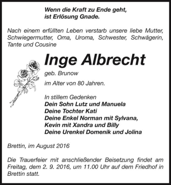 Traueranzeige von Inge Albrecht (geb. Brunow)  von Magdeburger Volksstimme