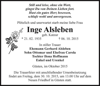Traueranzeige von Inge Alsleben (geb. Katzur)  von Magdeburger Volksstimme