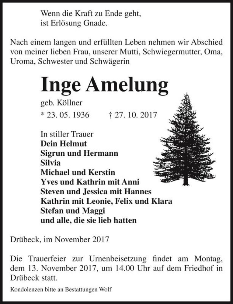  Traueranzeige für Inge Amelung (geb. Köllner)  vom 04.11.2017 aus Magdeburger Volksstimme
