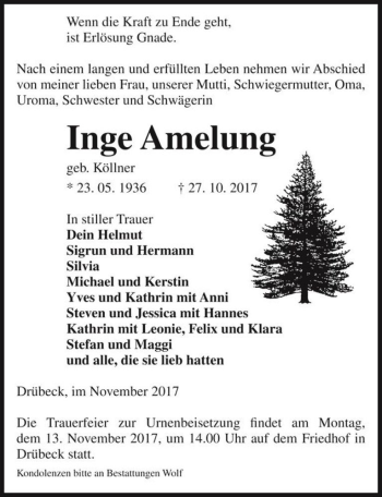 Traueranzeige von Inge Amelung (geb. Köllner)  von Magdeburger Volksstimme