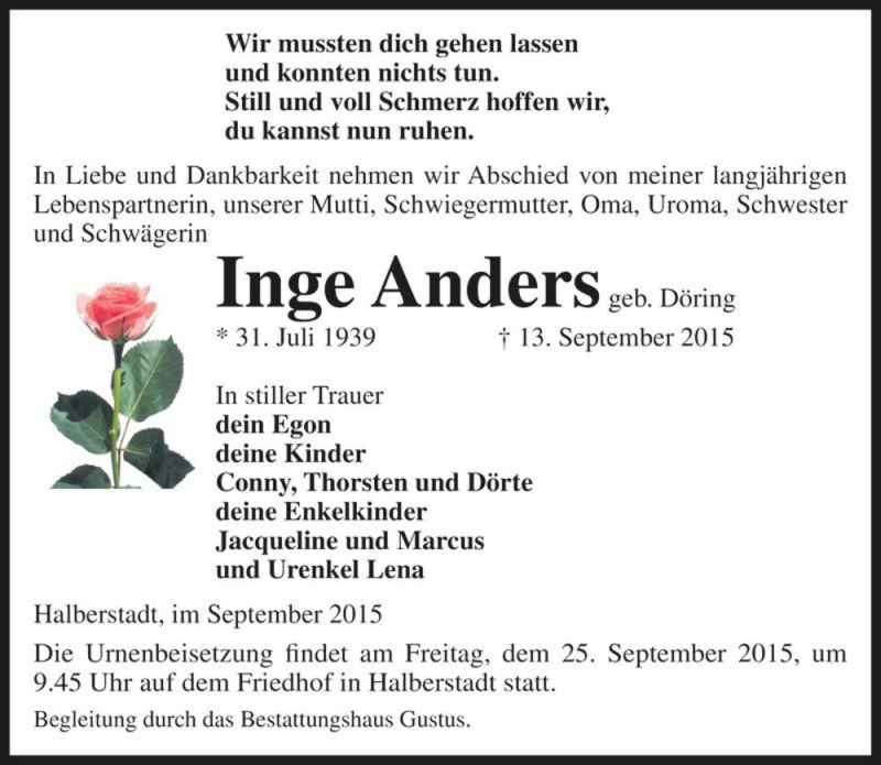  Traueranzeige für Inge Anders (geb. Döring)  vom 19.09.2015 aus Magdeburger Volksstimme