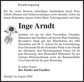 Traueranzeige von Inge Arndt  von Magdeburger Volksstimme