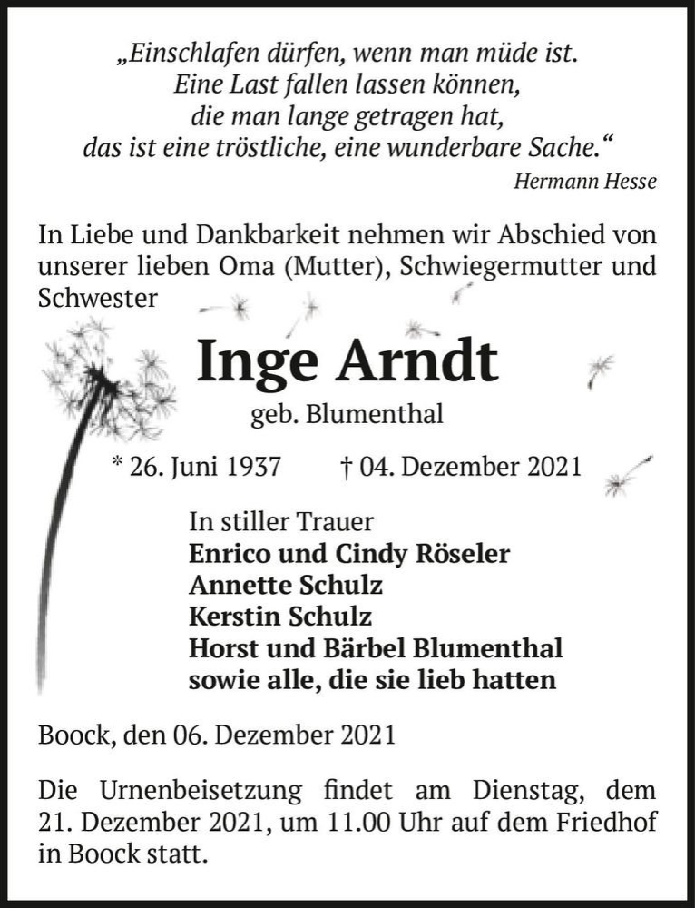  Traueranzeige für Inge Arndt (geb. Blumenthal)  vom 09.12.2021 aus Magdeburger Volksstimme