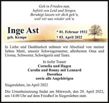 Traueranzeige von Inge Ast (geb. Kempe)  von Magdeburger Volksstimme