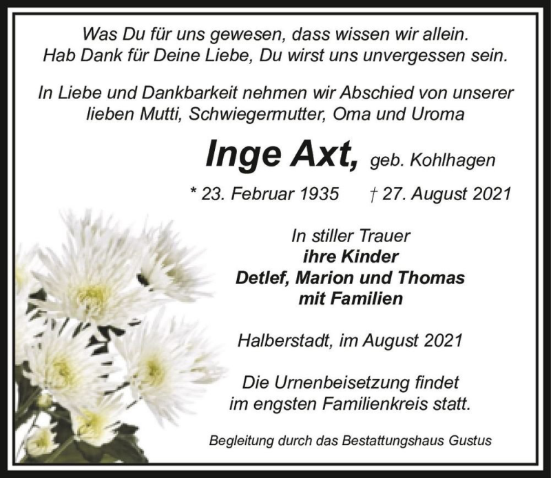  Traueranzeige für Inge Axt (geb. Kohlhagen)  vom 04.09.2021 aus Magdeburger Volksstimme