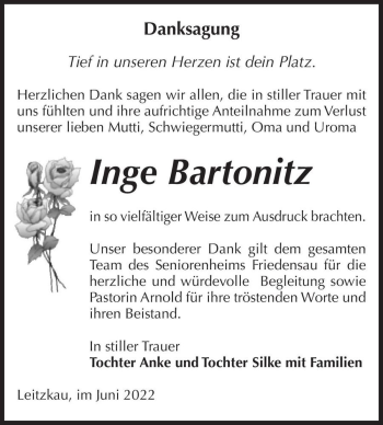 Traueranzeige von Inge Bartonitz  von Magdeburger Volksstimme