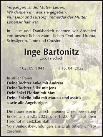 Traueranzeige von Inge Bartonitz (geb. Friedrich)  von Magdeburger Volksstimme