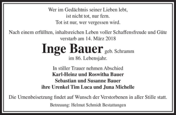 Traueranzeige von Inge Bauer (geb. Schramm)  von Magdeburger Volksstimme