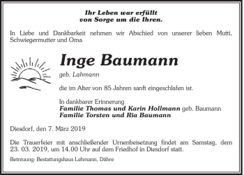 Traueranzeige von Inge Baumann (geb. Lehmann)  von Magdeburger Volksstimme