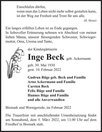 Traueranzeige von Inge Beck (geb. Ackermann)  von Magdeburger Volksstimme