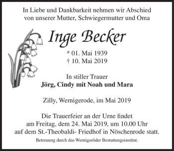 Traueranzeige von Inge Becker  von Magdeburger Volksstimme