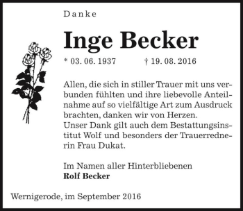 Traueranzeige von Inge Becker  von Magdeburger Volksstimme