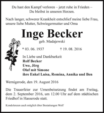 Traueranzeige von Inge Becker (geb. Madajewski)  von Magdeburger Volksstimme