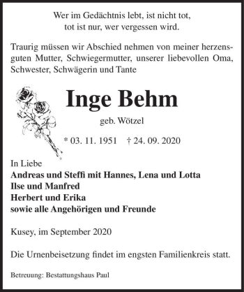 Traueranzeige von Inge Behm (geb. Wötzel)  von Magdeburger Volksstimme