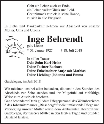 Traueranzeige von Inge Behrendt (geb. Lietze)  von Magdeburger Volksstimme