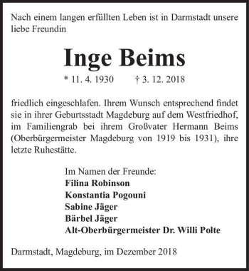 Traueranzeige von Inge Beims  von Magdeburger Volksstimme
