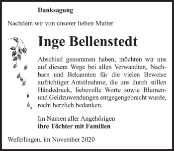 Traueranzeige von Inge Bellenstedt  von Magdeburger Volksstimme