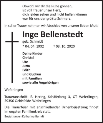 Traueranzeige von Inge Bellenstedt (geb. Schmidt)  von Magdeburger Volksstimme
