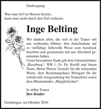 Traueranzeige von Inge Belting  von Magdeburger Volksstimme