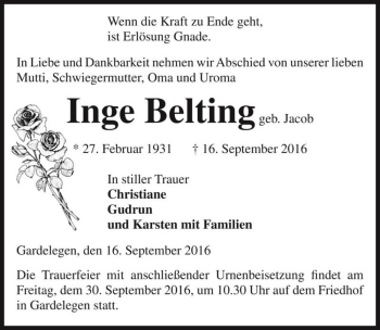 Traueranzeige von Inge Belting (geb. Jacob)  von Magdeburger Volksstimme