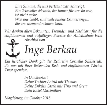 Traueranzeige von Inge Berkau  von Magdeburger Volksstimme