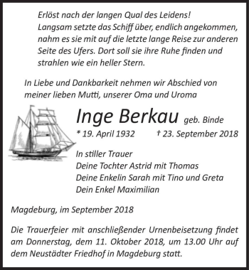 Traueranzeige von Inge Berkau (geb. Binde)  von Magdeburger Volksstimme