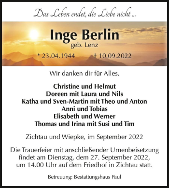Traueranzeige von Inge Berlin (geb. Lenz)  von Magdeburger Volksstimme