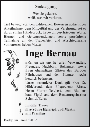 Traueranzeige von Inge Bernau  von Magdeburger Volksstimme